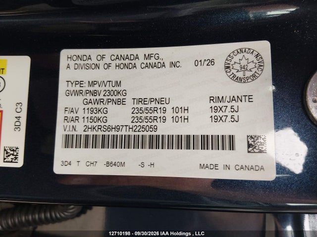 Продажа на аукционе авто 2026 Honda Cr-v Touring Hybrid, vin: 2HKRS6H97TH225059, номер лота: 12710198