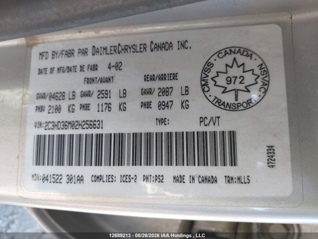 Продаж на аукціоні авто 2002 Chrysler Concorde Lxi, vin: 2C3HD36M02H256631, номер лоту: 12689213