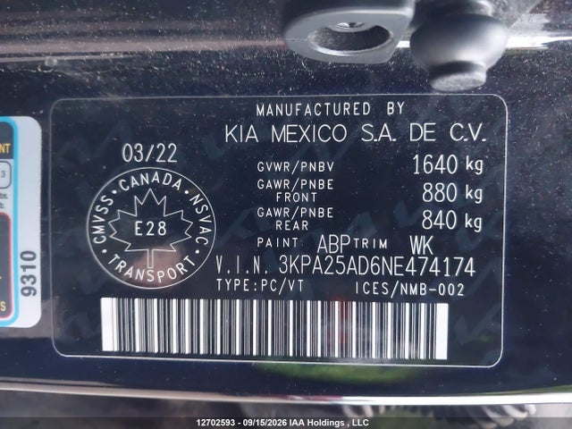 Aukcja sprzedaży 2022 Kia Rio Lx Premium/lx+, vin: 3KPA25AD6NE474174, numer aukcji: 12702593