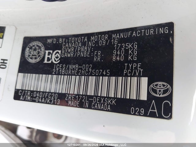 Продаж на аукціоні авто 2017 Toyota Corolla L/le/xle/se/xse, vin: 2T1BURHE2HC750745, номер лоту: 12710201