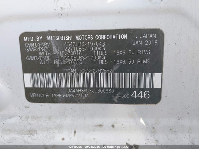 Aukcja sprzedaży 2018 Mitsubishi Rvr Es/se, vin: JA4AH3AUXJU600660, numer aukcji: 12710206