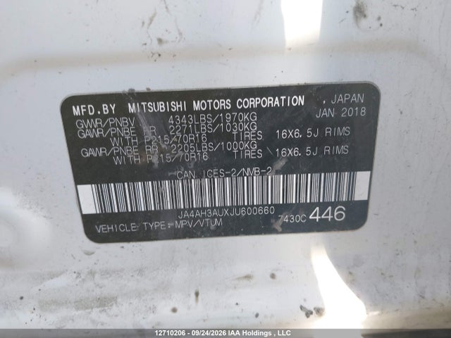 Aukcja sprzedaży 2018 Mitsubishi Rvr Es/se, vin: JA4AH3AUXJU600660, numer aukcji: 12710206
