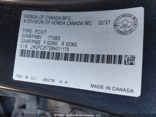 Продажа на аукционе авто 2021 Honda Civic Ex 4dr, vin: 2HGFC2F72MH011179, номер лота: 12710207