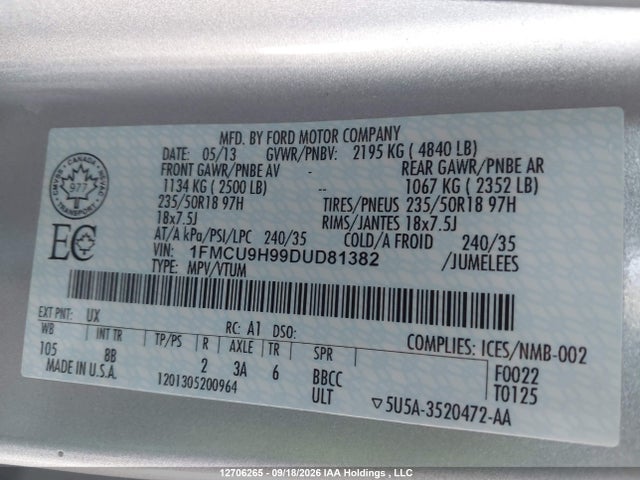 Продаж на аукціоні авто 2013 Ford Escape Sel, vin: 1FMCU9H99DUD81382, номер лоту: 12706265