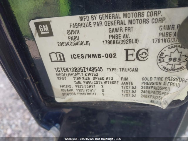 Продажа на аукционе авто 2005 Gmc Sierra 1500 Sl/sle/slt, vin: 1GTEK19B95Z148645, номер лота: 12689545