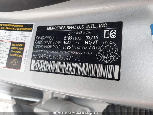 12710228 :رقم المزاد ، 55SWF4KB4GU146376 vin ، 2016 Mercedes-benz C 300 4matic مزاد بيع