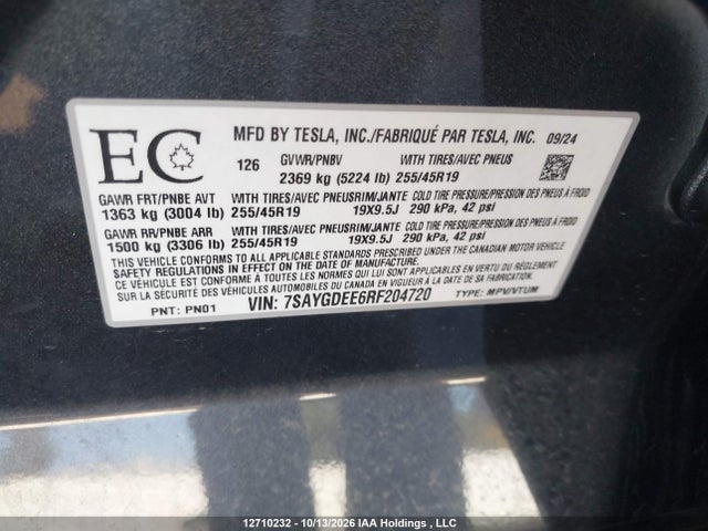 12710232 :رقم المزاد ، 7SAYGDEE6RF204720 vin ، 2024 Tesla Model Y مزاد بيع