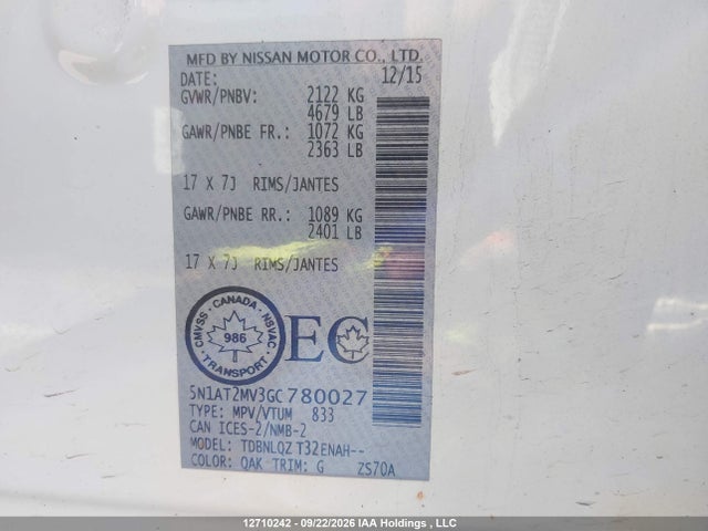 12710242 :رقم المزاد ، 5N1AT2MV3GC780027 vin ، 2016 Nissan Rogue S/sl Premium/sv مزاد بيع