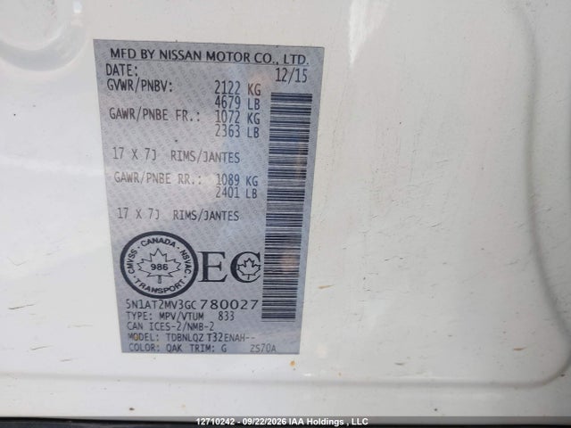 12710242 :رقم المزاد ، 5N1AT2MV3GC780027 vin ، 2016 Nissan Rogue S/sl Premium/sv مزاد بيع