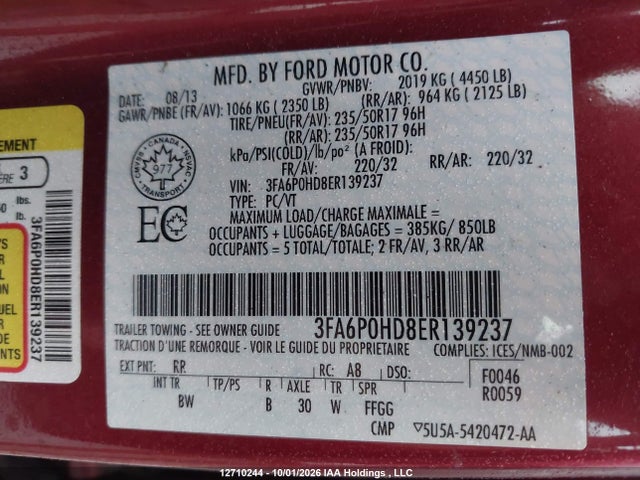 2014 Ford Fusion Se მანქანა იყიდება აუქციონზე, vin: 3FA6P0HD8ER139237, აუქციონის ნომერი: 12710244