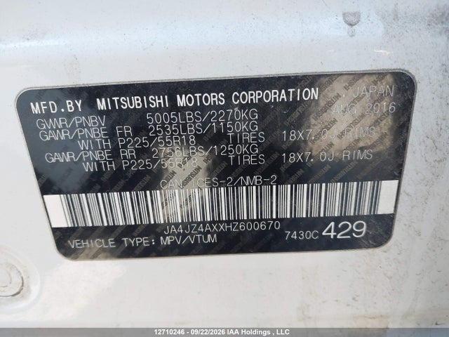 Продаж на аукціоні авто 2017 Mitsubishi Outlander Gt, vin: JA4JZ4AXXHZ600670, номер лоту: 12710246