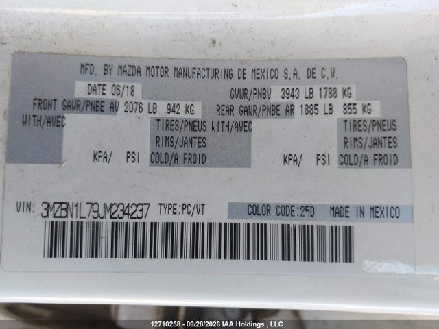12710258 :رقم المزاد ، 3MZBN1L79JM234237 vin ، 2018 Mazda 3 Touring مزاد بيع