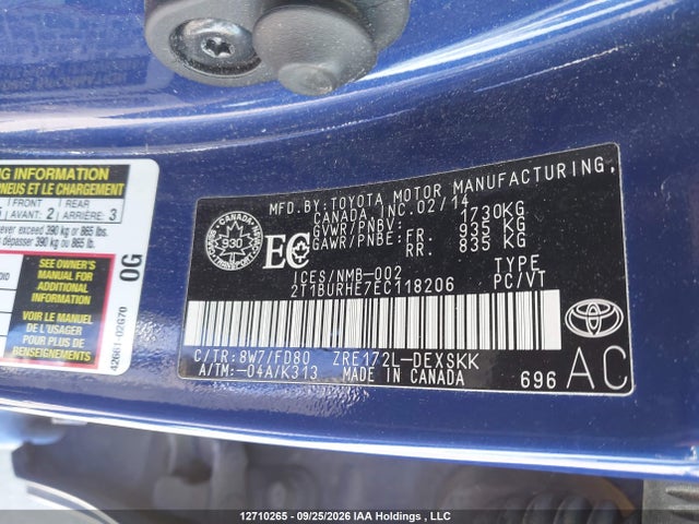 Aukcja sprzedaży 2014 Toyota Corolla L/le/le Pls/prm/s/s Pls, vin: 2T1BURHE7EC118206, numer aukcji: 12710265