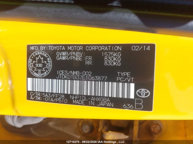Aukcja sprzedaży 2014 Toyota Prius C Technology, vin: JTDKDTB37E1063877, numer aukcji: 12710270