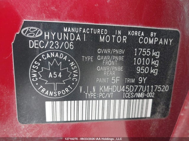 2007 Hyundai Elantra Gl/gls მანქანა იყიდება აუქციონზე, vin: KMHDU45D77U117520, აუქციონის ნომერი: 12710275