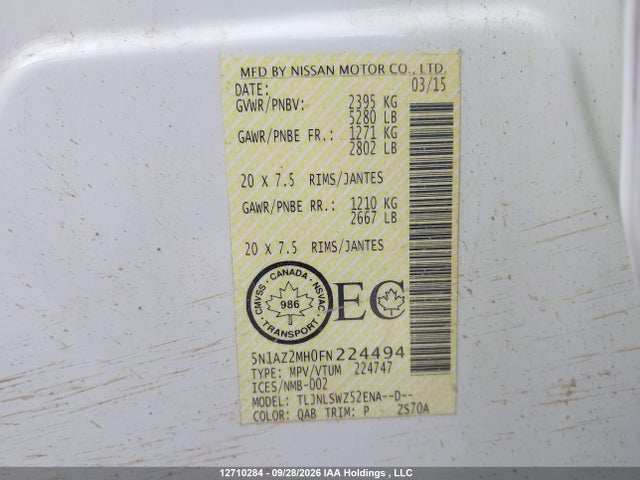 Aukcja sprzedaży 2015 Nissan Murano S/sl/sv/platinum, vin: 5N1AZ2MH0FN224494, numer aukcji: 12710284