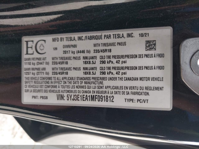 Продаж на аукціоні авто 2021 Tesla Model 3, vin: 5YJ3E1EA1MF091812, номер лоту: 12710291