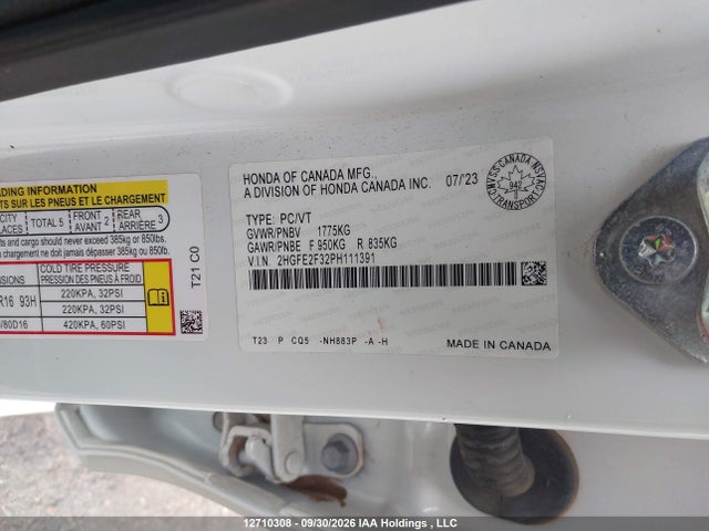 Honda CIVIC EX 2023 2HGFE2F32PH111391 Image 9