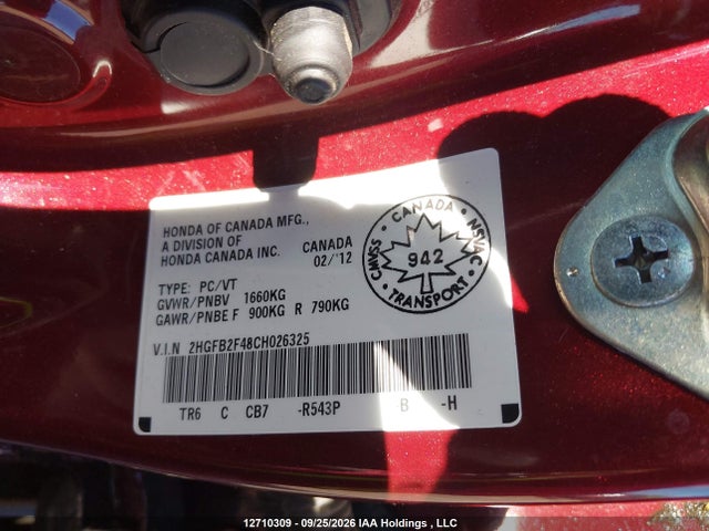 Продажа на аукционе авто 2012 Honda Civic Lx, vin: 2HGFB2F48CH026325, номер лота: 12710309