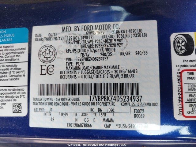12710346 :رقم المزاد ، 1ZVBP8KZ4D5234937 vin ، 2013 Ford Mustang Shelby Gt500 مزاد بيع