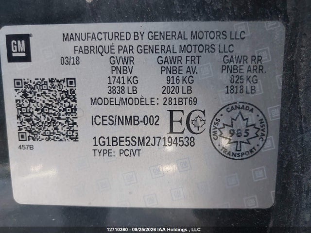 2018 Chevrolet Cruze Lt მანქანა იყიდება აუქციონზე, vin: 1G1BE5SM2J7194538, აუქციონის ნომერი: 12710360