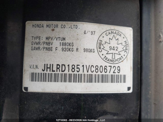 1997 Honda Cr-v Lx მანქანა იყიდება აუქციონზე, vin: JHLRD1851VC806729, აუქციონის ნომერი: 12710383