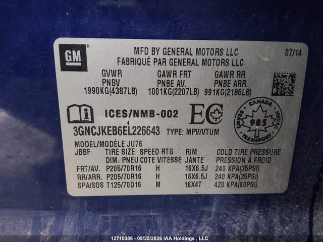 Chevrolet Trax 2014 3GNCJKEB6EL226643 Image 9