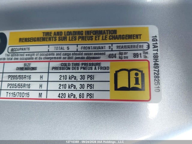 2009 Chevrolet Cobalt Lt მანქანა იყიდება აუქციონზე, vin: 1G1AT18H497282510, აუქციონის ნომერი: 12710388