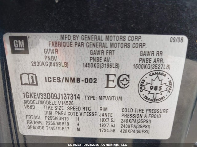 Продажа на аукционе авто 2009 Gmc Acadia Slt-2, vin: 1GKEV33D09J137314, номер лота: 12710392