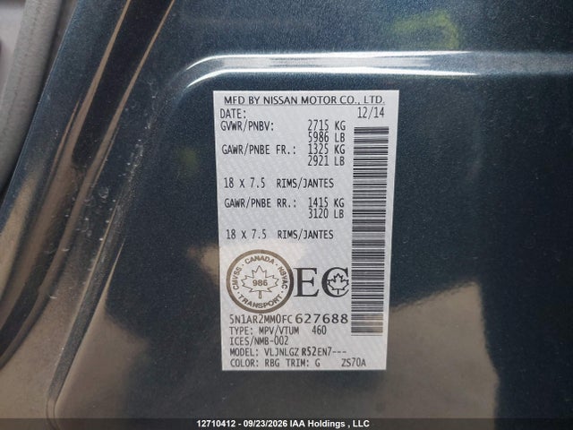 Aukcja sprzedaży 2015 Nissan Pathfinder Platinum/s/sl/sv, vin: 5N1AR2MM0FC627688, numer aukcji: 12710412