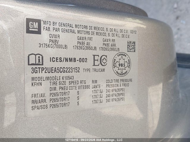Продаж на аукціоні авто 2012 Gmc Sierra K1500 Sl, vin: 3GTP2UEA5CG223152, номер лоту: 12710416
