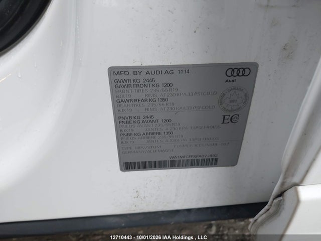 12710443 :رقم المزاد ، WA1MFCFPXFA072892 vin ، 2015 Audi Q5 2.0t Progressiv مزاد بيع