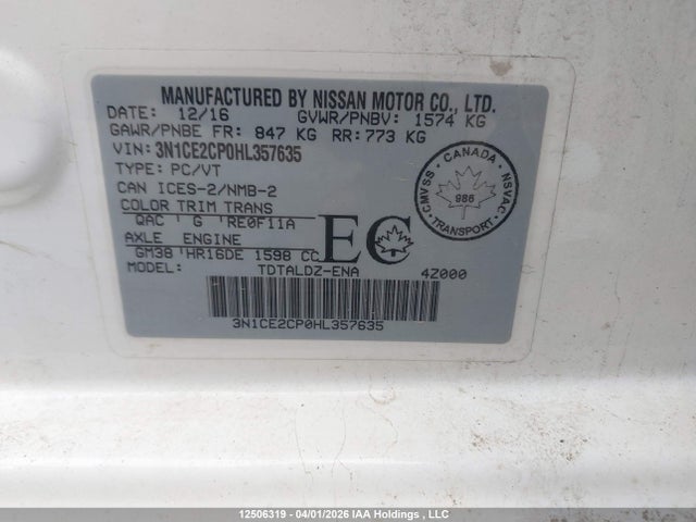 12506319 :رقم المزاد ، 3N1CE2CP0HL357635 vin ، 2017 Nissan Versa Note 1.6 S/1.6 Sl/1.6 Sr/1.6 Sv مزاد بيع