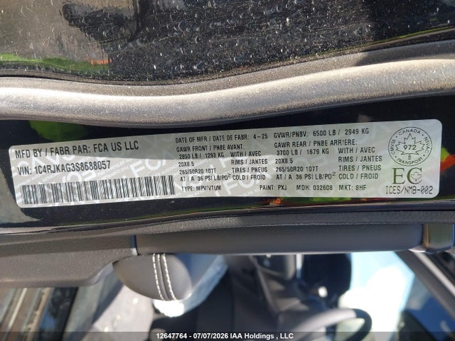 Продаж на аукціоні авто 2025 Jeep Grand Cherokee L Altitude, vin: 1C4RJKAG3S8688057, номер лоту: 12647764