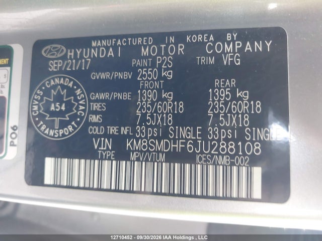 2018 Hyundai Santa Fe Xl მანქანა იყიდება აუქციონზე, vin: KM8SMDHF6JU288108, აუქციონის ნომერი: 12710452