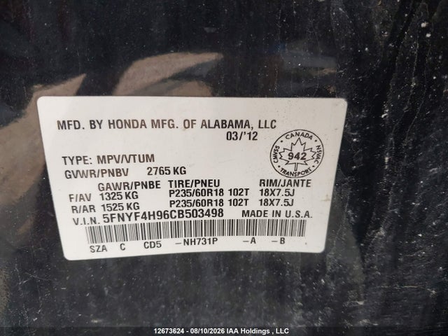 Продажа на аукционе авто 2012 Honda Pilot Touring, vin: 5FNYF4H96CB503498, номер лота: 12673624