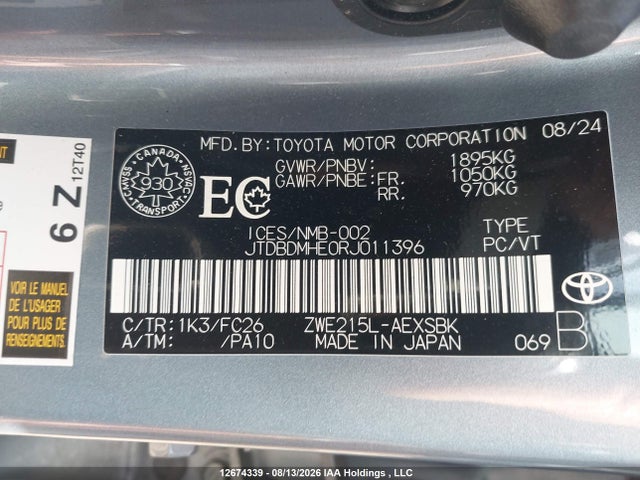 Aukcja sprzedaży 2024 Toyota Corolla Hybrid Se, vin: JTDBDMHE0RJ011396, numer aukcji: 12674339