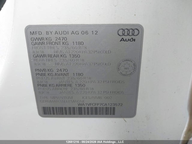 Aukcja sprzedaży 2012 Audi Q5 2.0t Premium Plus, vin: WA1VFCFP7CA123572, numer aukcji: 12681216