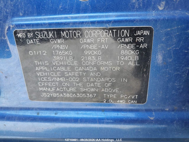 Aukcja sprzedaży 2012 Suzuki Sx4, vin: JS2YB5A38C6305367, numer aukcji: 12710461