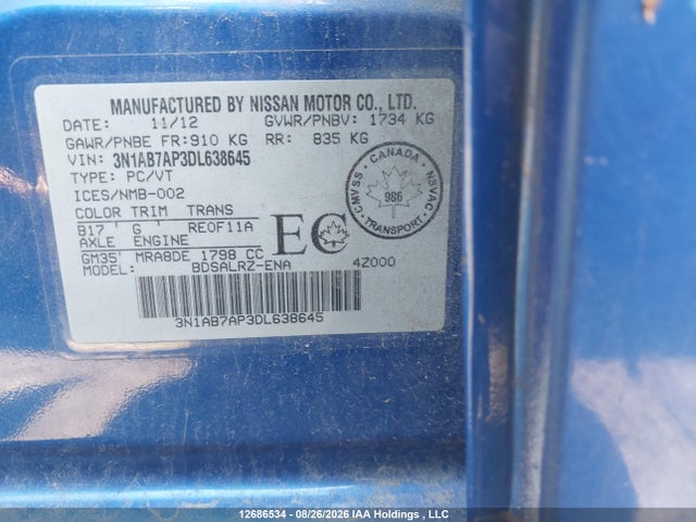 Aukcja sprzedaży 2013 Nissan Sentra 1.8 S/1.8 Sv, vin: 3N1AB7AP3DL638645, numer aukcji: 12686534
