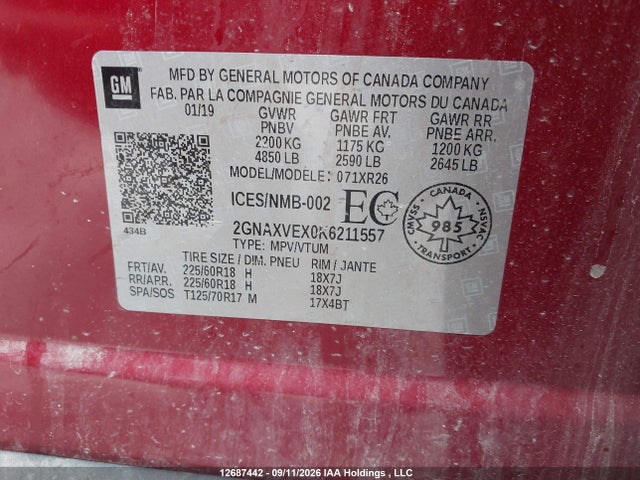 2GNAXVEX0K6211557 Chevrolet EQUINOX LT