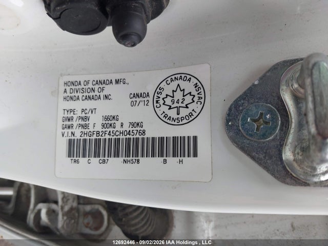 2012 Honda Civic Lx მანქანა იყიდება აუქციონზე, vin: 2HGFB2F45CH045768, აუქციონის ნომერი: 12692446