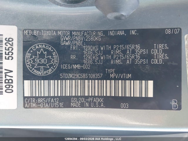 Aukcja sprzedaży 2008 Toyota Sienna Ce, vin: 5TDZK29C58S108357, numer aukcji: 12694394