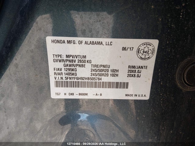 Продажа на аукционе авто 2017 Honda Pilot Touring, vin: 5FNYF6H92HB505784, номер лота: 12710466