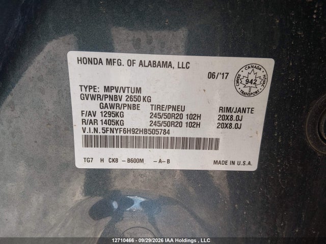 Продажа на аукционе авто 2017 Honda Pilot Touring, vin: 5FNYF6H92HB505784, номер лота: 12710466