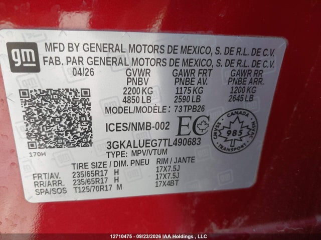 Aukcja sprzedaży 2026 Gmc Terrain Elevation, vin: 3GKALUEG7TL490683, numer aukcji: 12710475