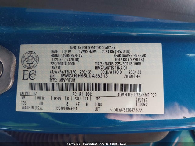 Продаж на аукціоні авто 2020 Ford Escape Sel, vin: 1FMCU9H95LUA38213, номер лоту: 12710478