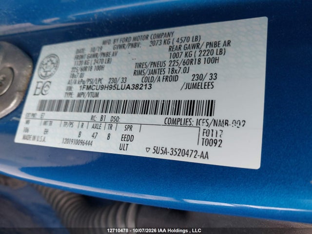 Продаж на аукціоні авто 2020 Ford Escape Sel, vin: 1FMCU9H95LUA38213, номер лоту: 12710478