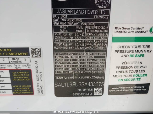 2025 Land Rover Range Rover Sport მანქანა იყიდება აუქციონზე, vin: SAL1L9FU3SA433375, აუქციონის ნომერი: 12710505