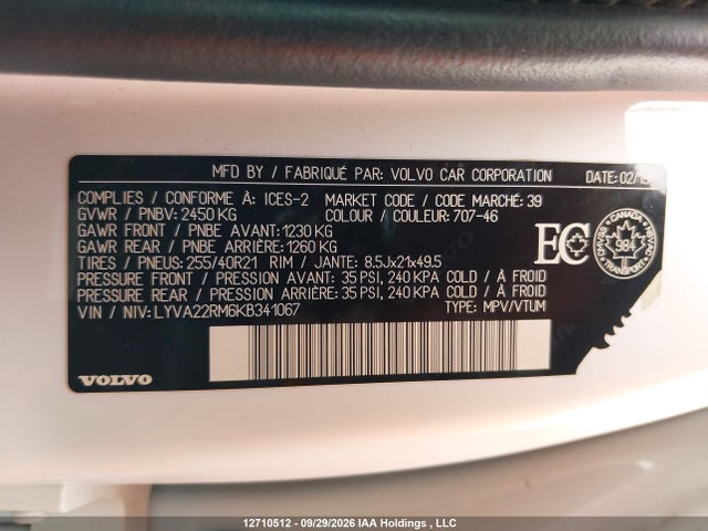 Aukcja sprzedaży 2019 Volvo Xc60 R-design, vin: LYVA22RM6KB341067, numer aukcji: 12710512